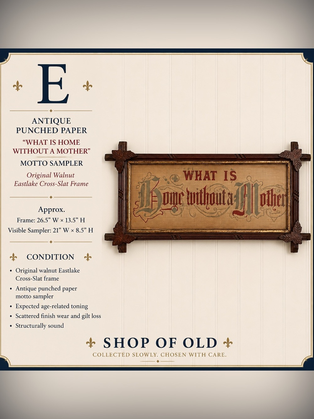 Antique Victorian Motto Sampler “What Is Home Without a Mother” | Eastlake Frame
